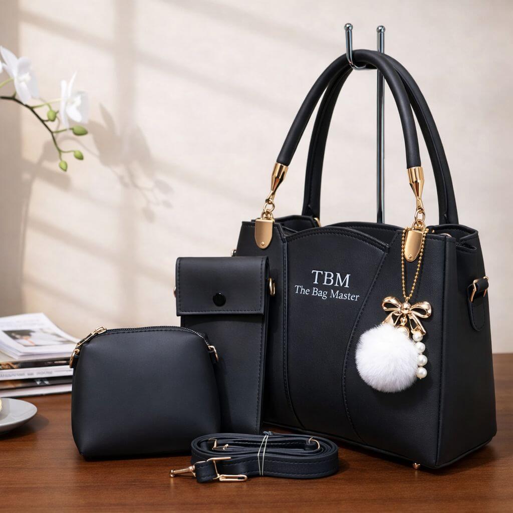 TBM The Bag Master 3 Piece Handbag Set Providing Stylish Design Comfortable Use Everyday Carry Support - Black